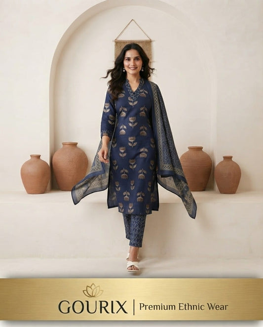 Navy Blue Floral Print Kurta Set
