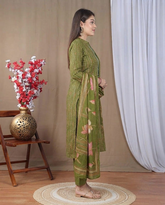 Olive Green Floral Print Kurta Set