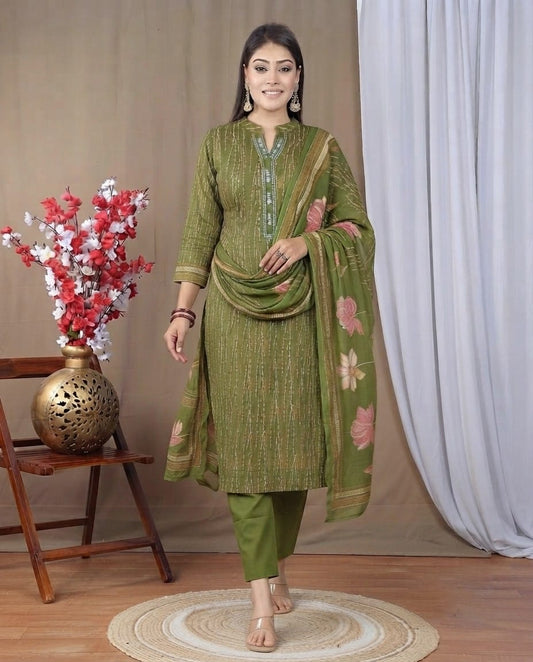 Olive Green Floral Print Kurta Set