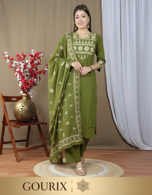 Green Embroidered Kurta Pant Set with Dupatta