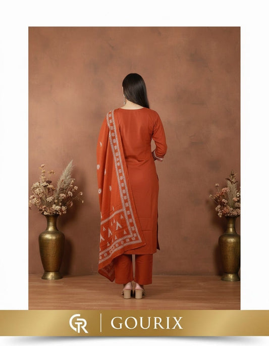 Rust Orange Embroidered Kurta Pant Set with Dupatta