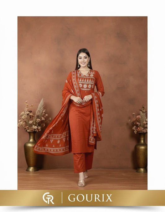 Rust Orange Embroidered Kurta Pant Set with Dupatta