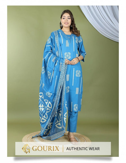 Sky Blue Printed Kurta Pant Set with Dupatta