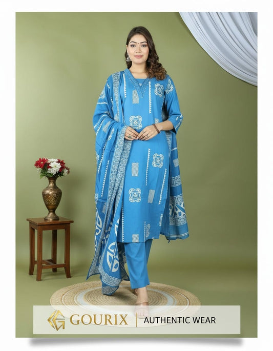 Sky Blue Printed Kurta Pant Set with Dupatta