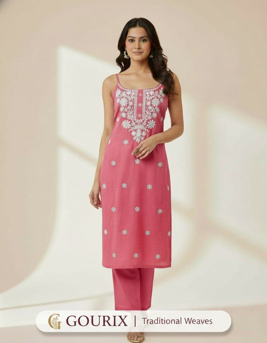 Blush Pink Elegant Floral Embroidered Straight Kurta & Pant Co-ord Set