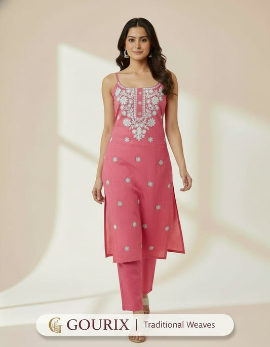 Blush Pink Elegant Floral Embroidered Straight Kurta & Pant Co-ord Set