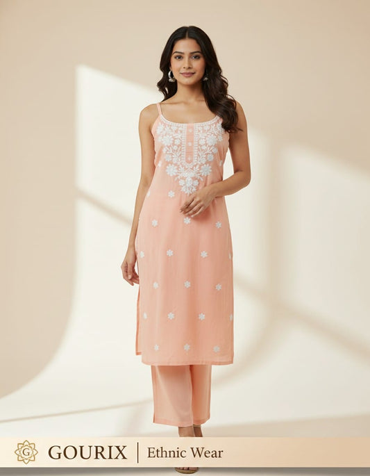 Peach Elegant Floral Embroidered Straight Kurta & Pant Co-ord Set