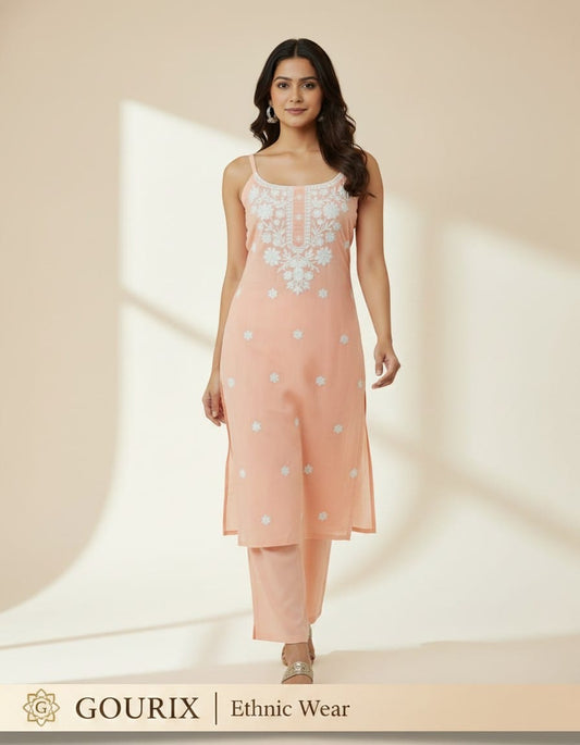 Peach Elegant Floral Embroidered Straight Kurta & Pant Co-ord Set