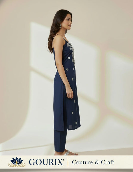 Navy Blue Elegant Floral Embroidered Straight Kurta & Pant Co-ord Set