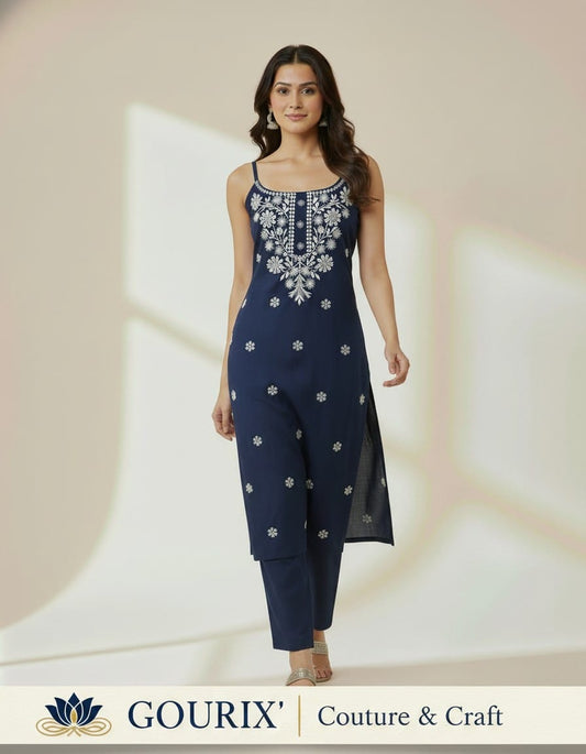 Navy Blue Elegant Floral Embroidered Straight Kurta & Pant Co-ord Set