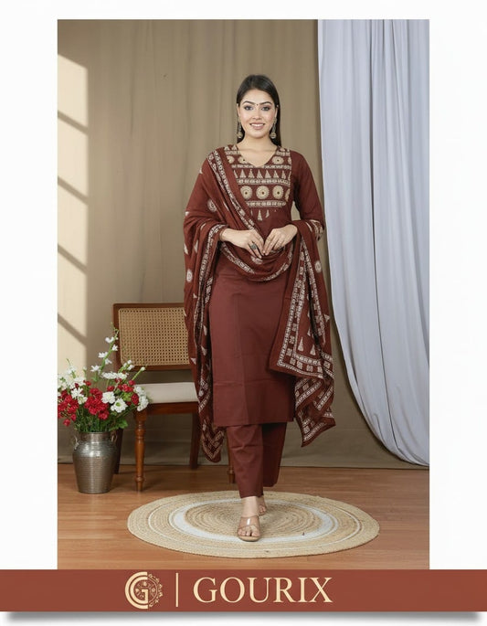 Choclate Brown Embroidered Kurta Pant Set with Dupatta